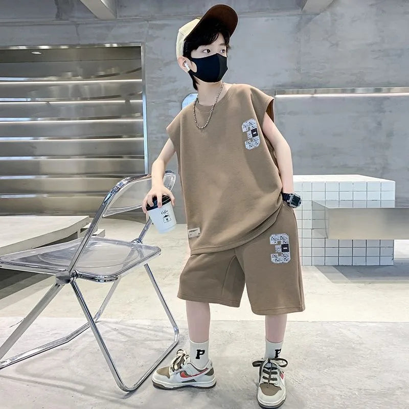Summer Boys Loose Sleeveless Printed T-Shirt Tops+Shorts Pant School Kids 2PCS Tracksuit Child Outfit Student Workout Set 5-16Yr