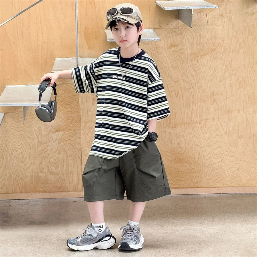 Korean Kids Striped Summer Suit for Boys Top and Bottom Set Children Cotton Short Sleeve T-shirt and Cargo Shorts Clothes Set