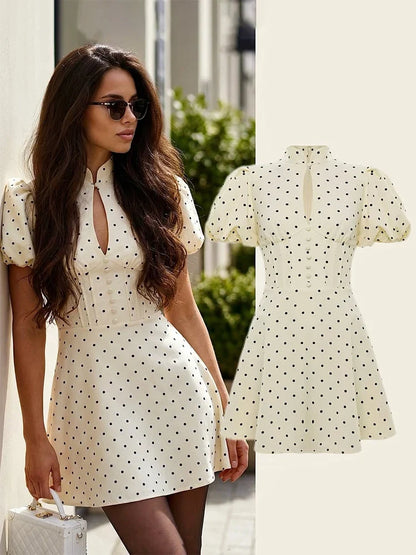 Retro Polka Dot Mini A-line Dress Elegant Stand Collar Puff Short Sleeve Waist-cinching Dresses 2026 New Lady Party Gowns