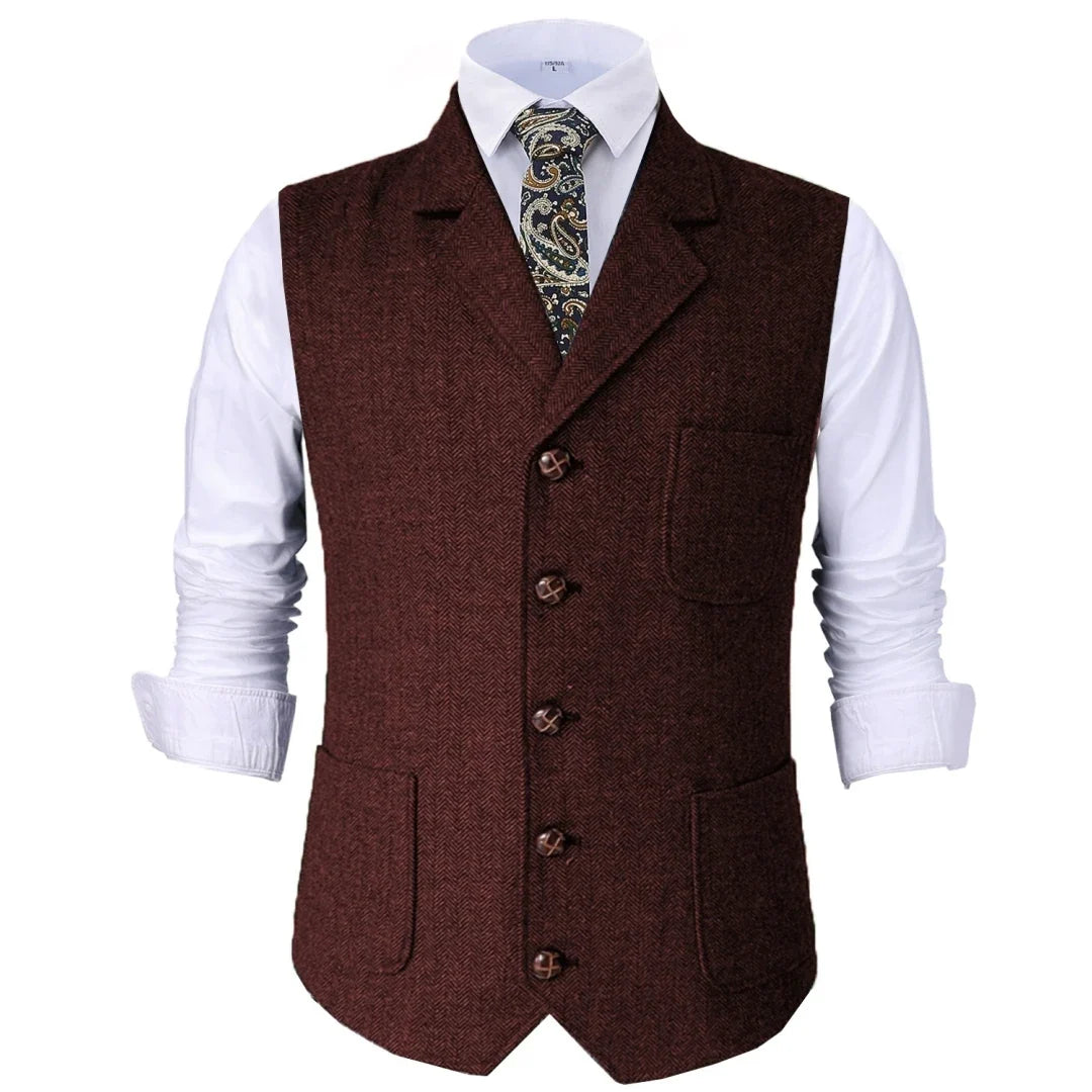 Men Vest Brown Herringbone With Lapel Waistcoat For Wedding Groom Banquet Business Casual Work Men Suit Vest