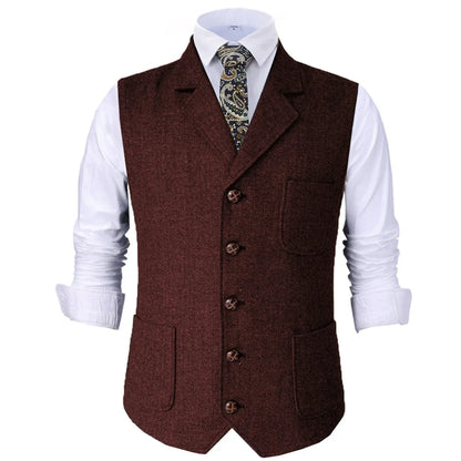 Men Vest Brown Herringbone With Lapel Waistcoat For Wedding Groom Banquet Business Casual Work Men Suit Vest