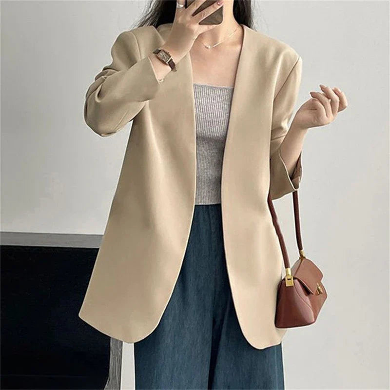 Fashion New Solid Casual Joker Women's Blazer Spring Autumn No Placket Cardigan Suit Jackets V-neck Long Sleeve 19-Color Coats