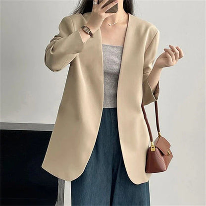 Fashion New Solid Casual Joker Women's Blazer Spring Autumn No Placket Cardigan Suit Jackets V-neck Long Sleeve 19-Color Coats