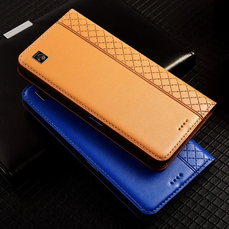 For APPLE iPhone 17 16 16E 15 14 Pro Max Air Plus Flip Case Grid Pattern Magnetic Cover Cowhide Genuine Leather Wallet Covers