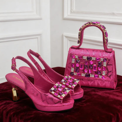 2026 New Arrival Rhinestone Peep-Toe High Heel Sandals and Bag Set for Women –Elegant Italian Party Shoes Perfect for Wedding