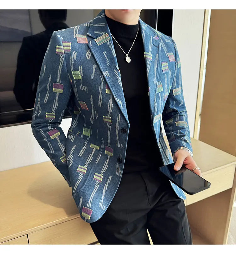 2025 New Luxury Denim Jacquard Suit Coats Men Fashion Slim Fit Suit Casual Business Party Coat Uniform Wedding Social Tailcoat