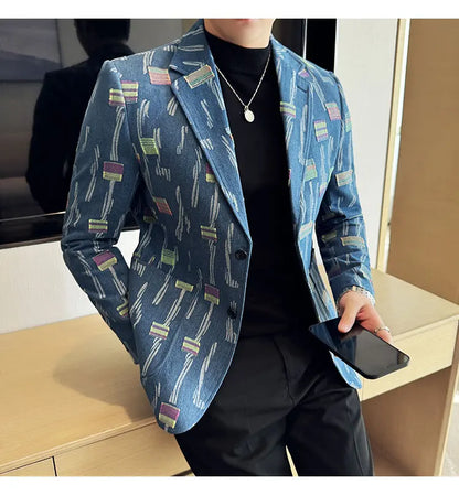 2025 New Luxury Denim Jacquard Suit Coats Men Fashion Slim Fit Suit Casual Business Party Coat Uniform Wedding Social Tailcoat