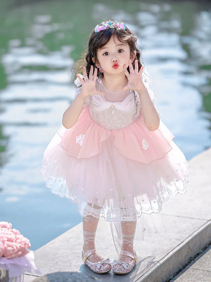 Sweet Baby Girls Princess Lolita Dress Kids 2026 New Summer Fashion Sequined Tulle Embroidery Puff Sleeve Performance Tutu Dress