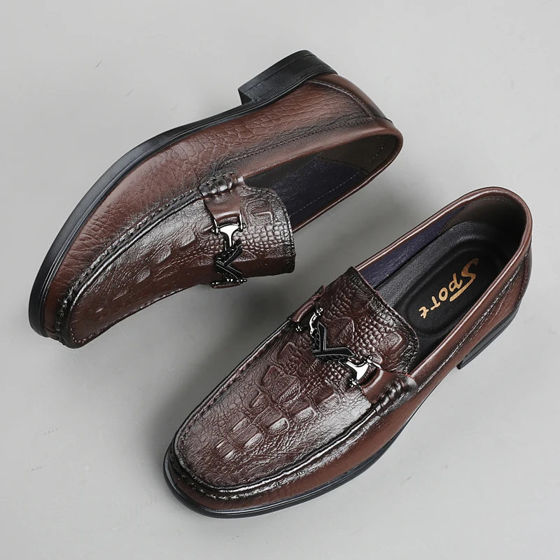 High Quality Round Toe Breathable Loafers Fashionable Brand Men's Comfortable Crocodile Patterned Casual Cowhide and Bean Shoes