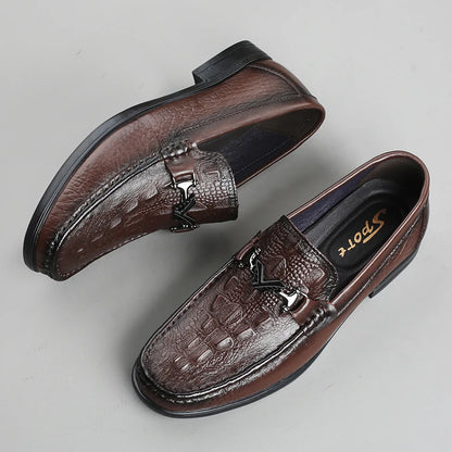 High Quality Round Toe Breathable Loafers Fashionable Brand Men's Comfortable Crocodile Patterned Casual Cowhide and Bean Shoes