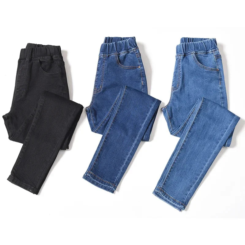 Stylish Women's Pocket Skinny Stretch Jeans 5XL 6XL Stretch High Waist Tight Fashion Denim Trousers for Women Blue Black