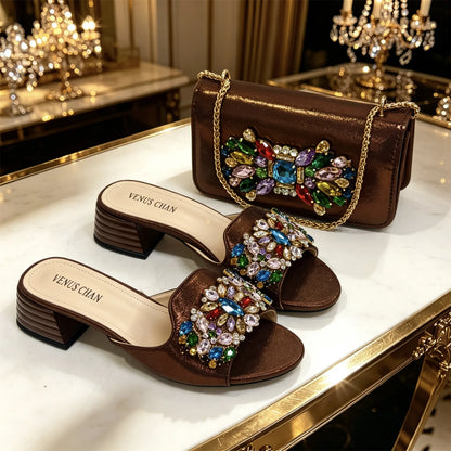 2026 Italian Luxury Dark Purple Rhinestone Sandals Matching Bag Set Women Peep Toe Block Heel Mules Ladies Evening
