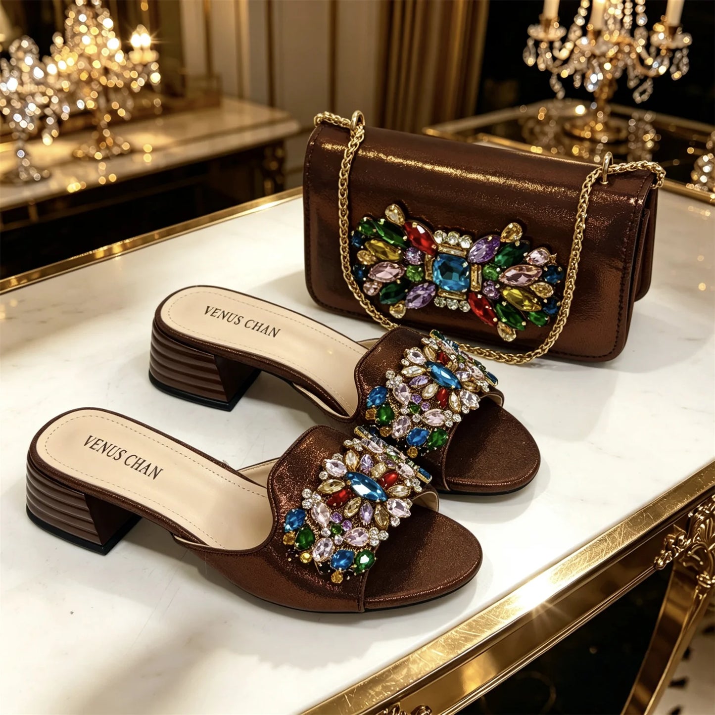 2026 Italian Luxury Dark Purple Rhinestone Sandals Matching Bag Set Women Peep Toe Block Heel Mules Ladies Evening