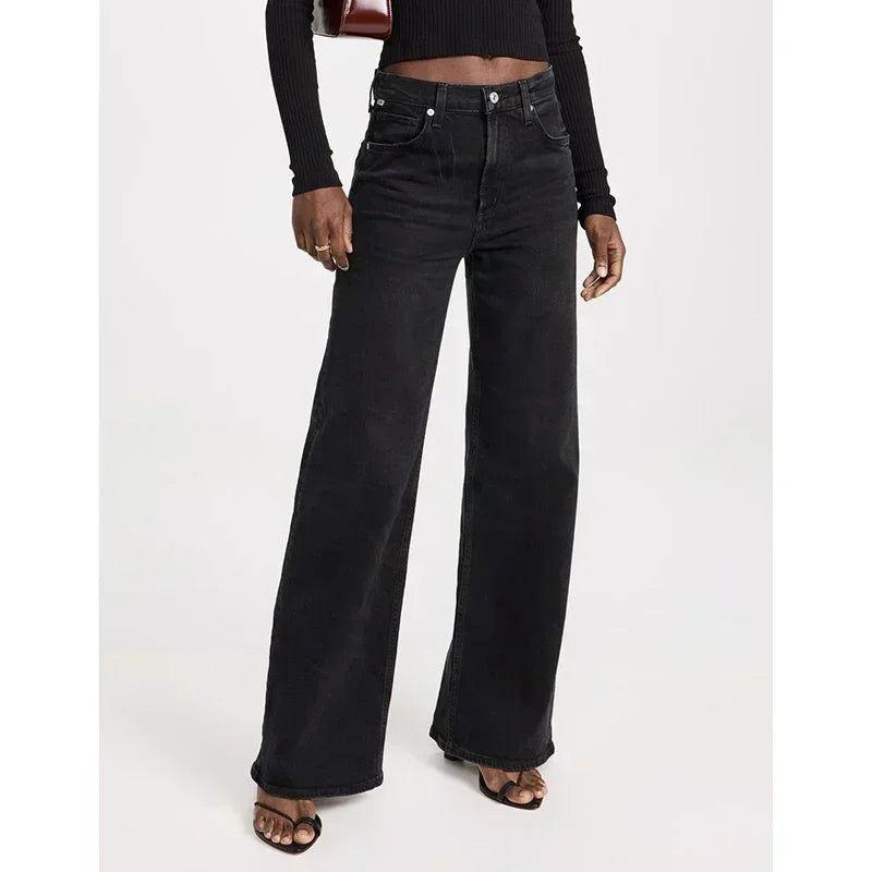 Girls Casual Loose Fit High Waisted Jeans Female Straight Leg Stretch Denim Pants Lady Comfortable Solid Basic Cheap Trousers