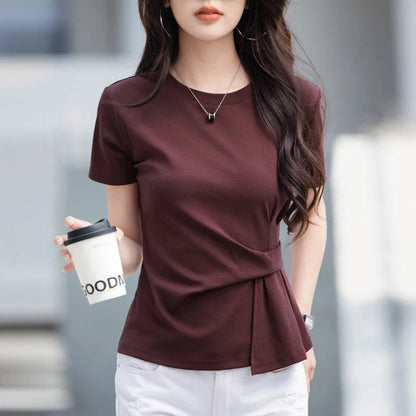 Women's summer new cotton irregular top short sleeved round neck casual women's short sleeved top T-shirt