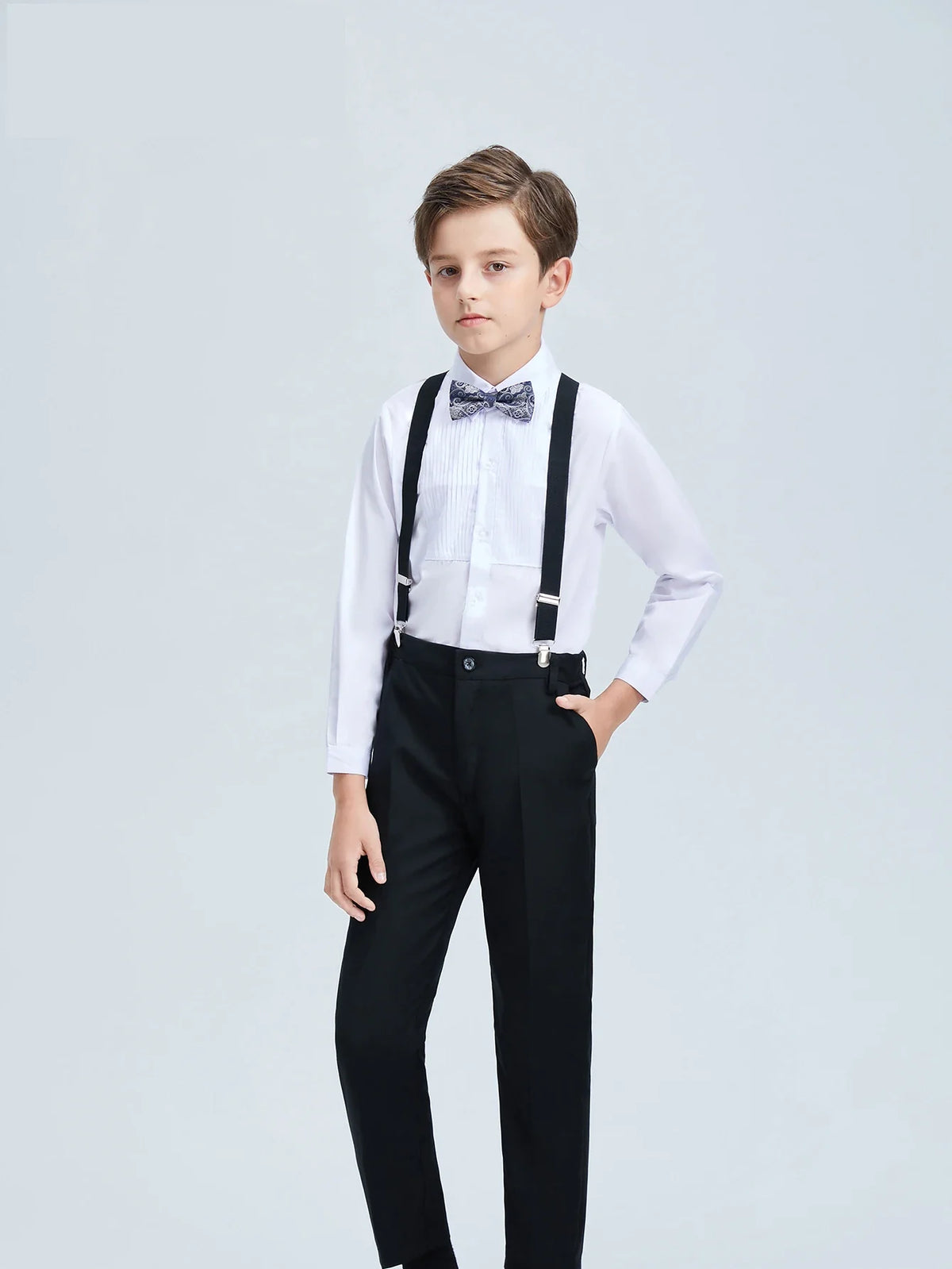 4pcs/set Boys' Suit Set With  Shirt , Pants  Tie And Straps School Uniforms