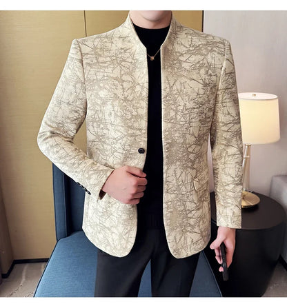 New Chinese Style Stand Up Collar Jacquard Suit Coats Men Slim Business Casual Fashion Suits Jacket Formal Social Party Tuxedos