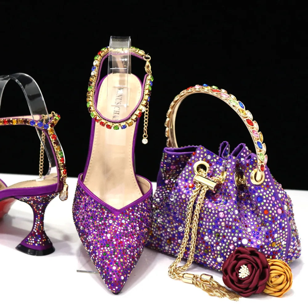 2023 Italian Design Luxury Women's Shoes And Bag Set, Full Diamond Decoration Metal Closure Bag
