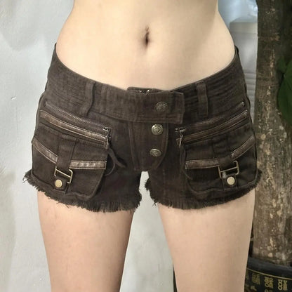 American Spice Girl Multi-Pocket Denim Shorts Women's New Low Waist Hips A-Word Y2k Hot Pants