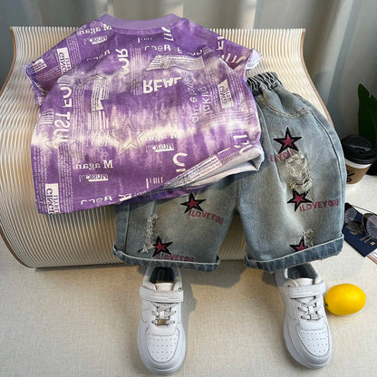 Korean Children's Summer Clothes Kids Set Outfits Boys 2026 Handsome Sleeveless&Short Sleeved T-shirt Denim Shorts 2-piece Set