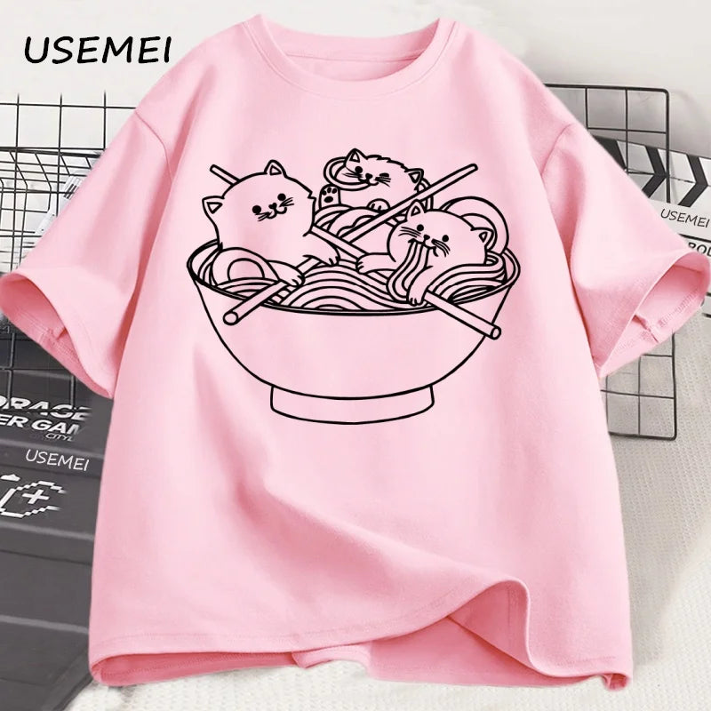 Japanese Style Cat Ramen T-Shirt Cotton Short Sleeve Kawaii Anime Tshirt Ramen Kitten Graphic Tees Cute Food Tee Shirt Clothes