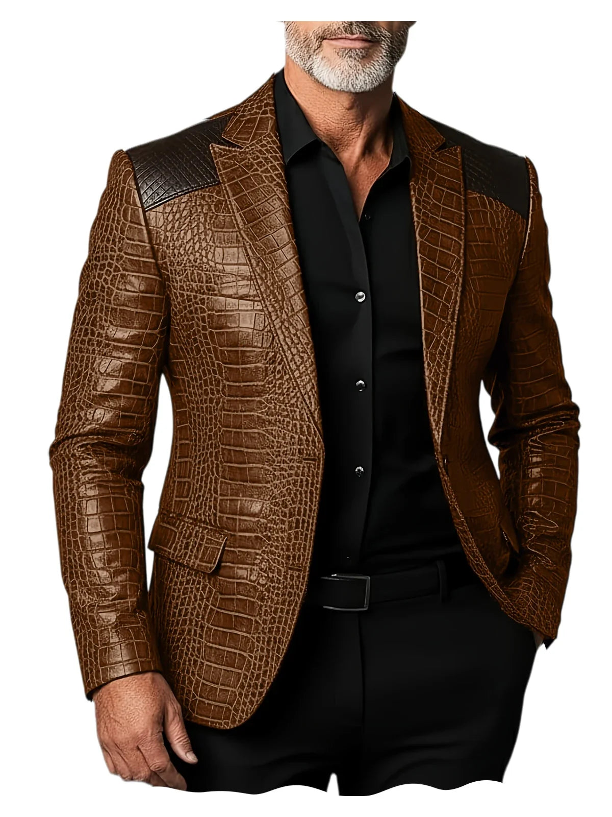 Men's Crocodile Pattern Leather Blazer Patchwork PU Leather Suit Jacket Notched Lapel Slim Fit Business Casual Coat Outerwear