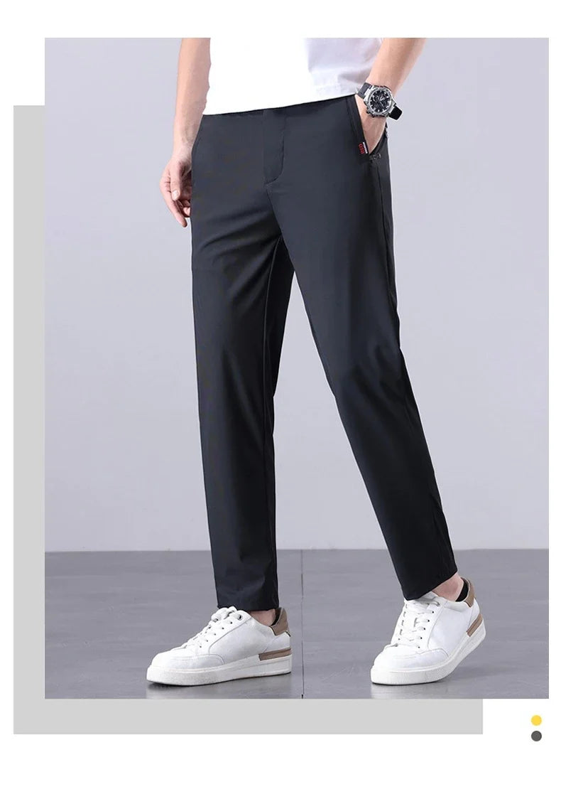 Summer New Men's Ice Silk Pants Korean Y2K All Match Elastic Sweatpants Office Business Casual Fashion Straight Suit Trousers