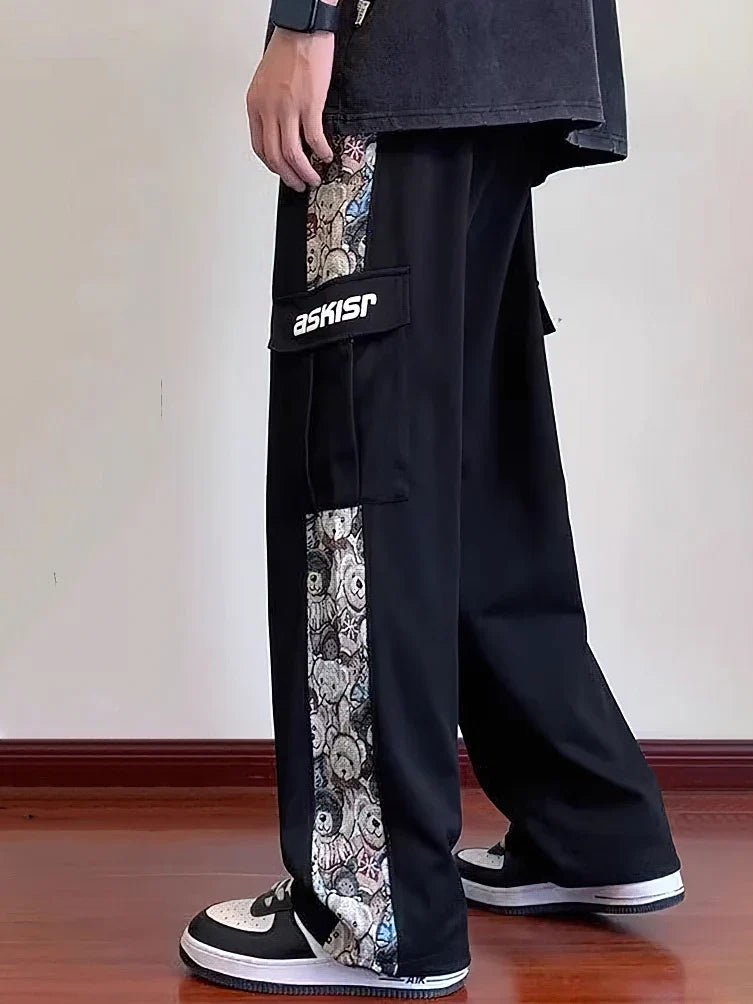 Japanese Anime Wide leg Straight Cargo Pants Men Streetwear Baggy Long Trousers Cotton Casual Patchwork Student 2023 New
