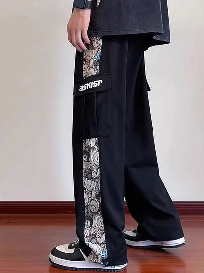 Japanese Anime Wide leg Straight Cargo Pants Men Streetwear Baggy Long Trousers Cotton Casual Patchwork Student 2023 New