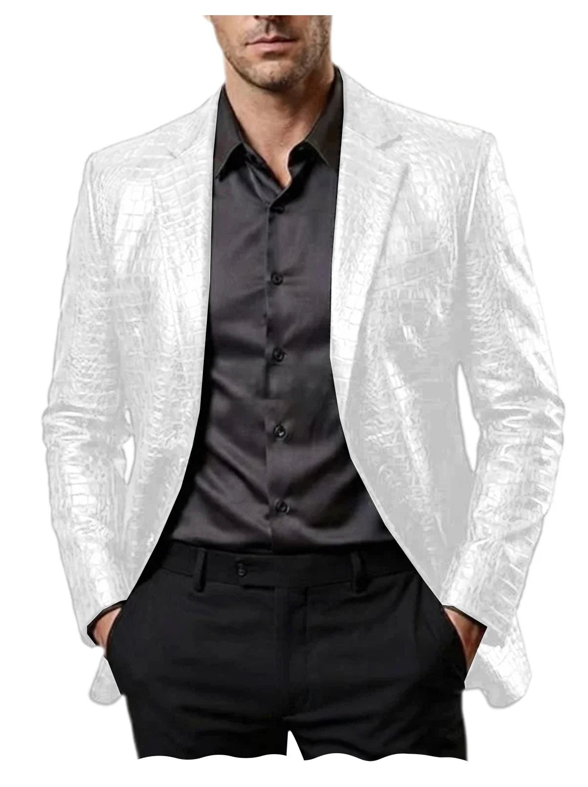 Men Crocodile Texture Leather Blazer Notched Lapel Slim Fit Single Breasted Suit Jacket Nightclub Party Business Outer Coat