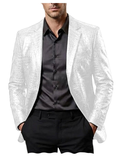 Men Crocodile Texture Leather Blazer Notched Lapel Slim Fit Single Breasted Suit Jacket Nightclub Party Business Outer Coat