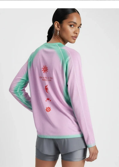 Men's Outdoor Running Long Sleeve T-Shirt Gradient Color Digital Print Quick Dry Breathable Sports Top Unisex