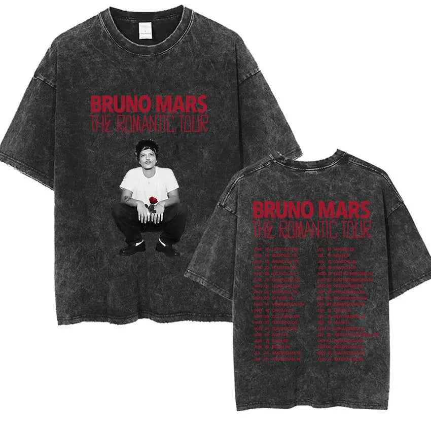 Bruno Mars The Romantic Tour 2026 Vintage Washed T Shirts Men's Women Punk Gothic Fashion Cotton Short Sleeve T-Shirt Streetwear