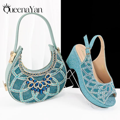 African Shoe and Bag Set for Wedding Women Shoes and Bag To Match Set with Rhinestone Italy Pumps Women Shoes Luxury