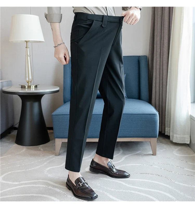 Elastic Waist Solid Color Suit Pants Men Formal Slim Fit Business Casual Trouser High Quality Social Wedding Fashion Dress Pant