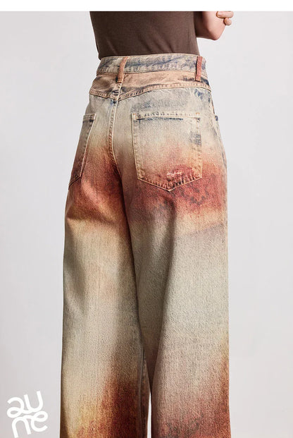 Women Jeans 2026 Spring New Wilderness Wasteland Style Mid Low Waist Loose Printed Wide Leg Pants