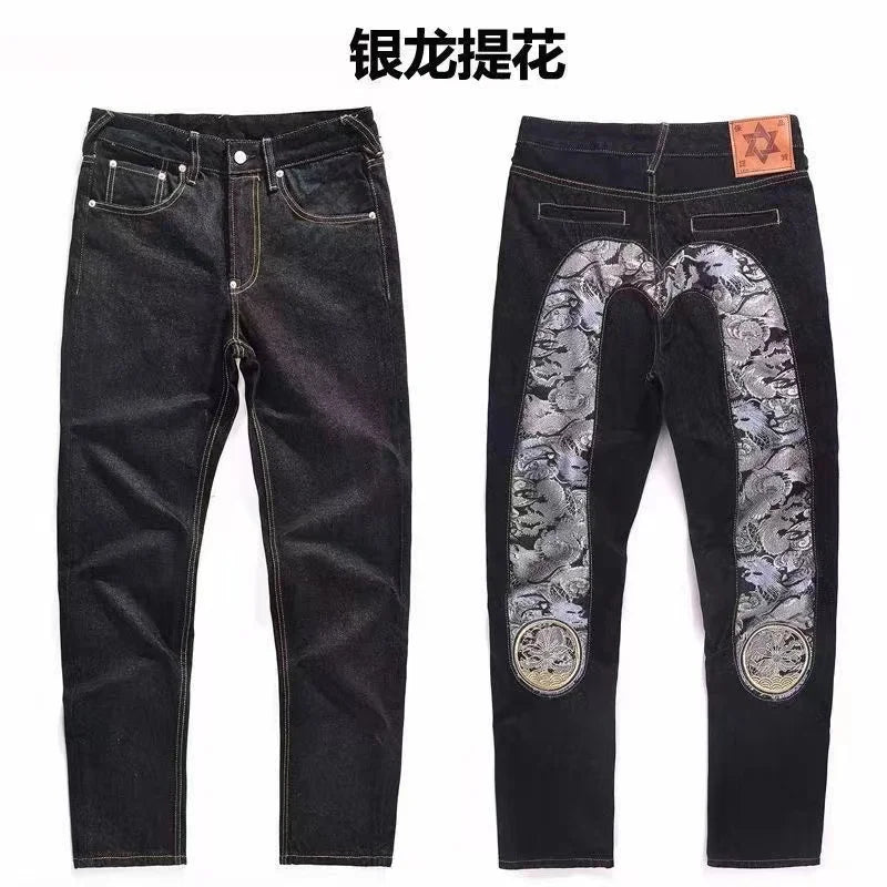 Japanese Handmade Embroidered Jeans Men's Pure Cotton Straight Tube Hip-Hop Popular Slim Red Ears Show Thin Trousers Devil