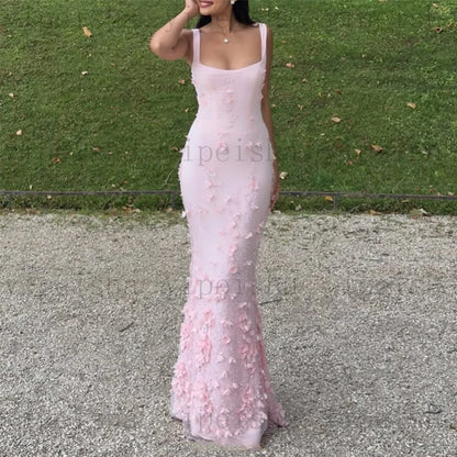 Customized square collar mermaid Evening Dresses spaghetti strap Party Dress 3D Flowers Sequined Lace Appliques Long Prom Gown