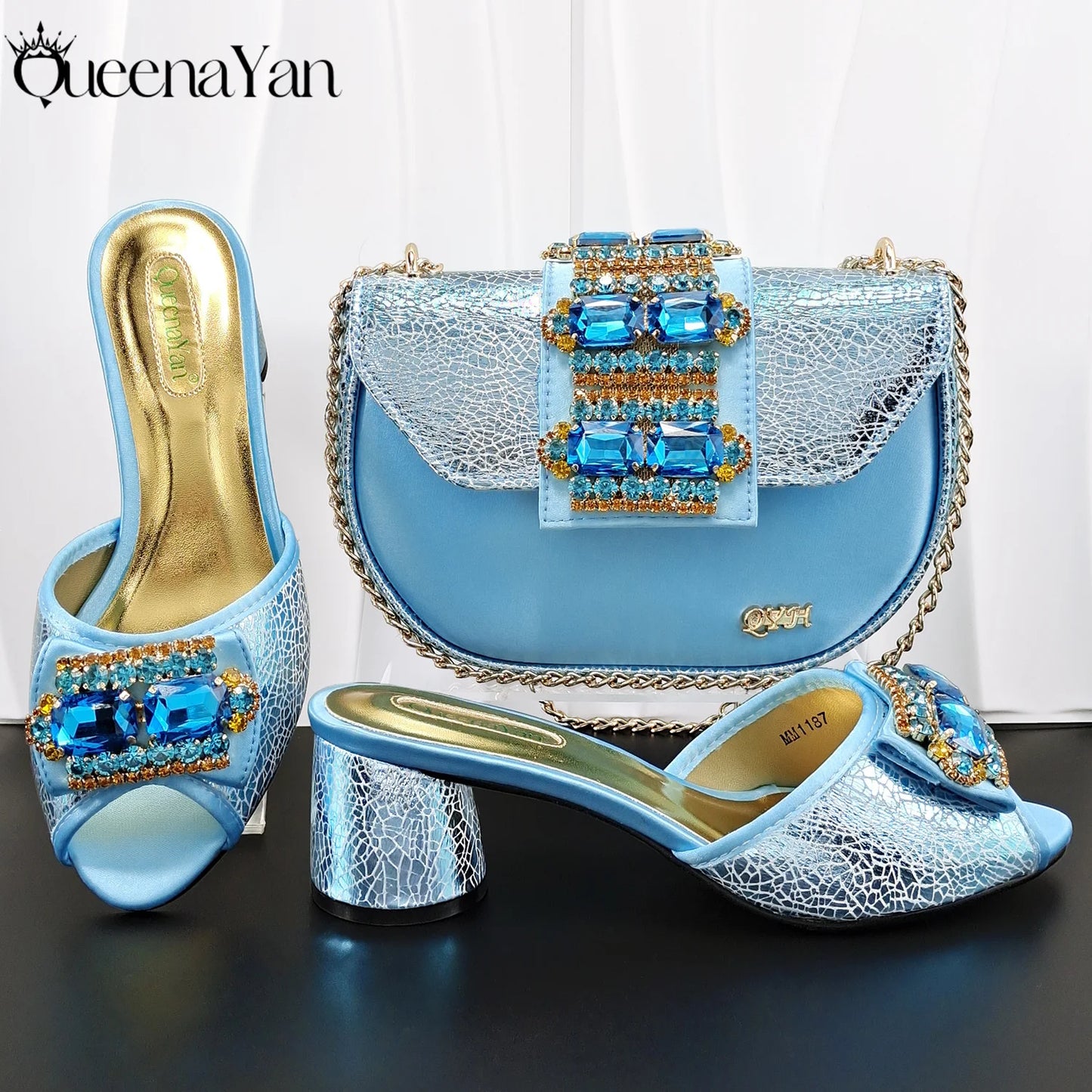 Newest Italian Design Fashion Comfortable Olive Color Peep Toe Party Wedding or Work Women's High Heels with Diamond Oval Bag