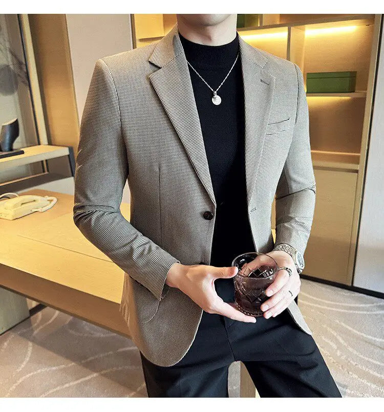 Korean Vintage Elegant Men's Business Slim Fit Suit Jacket 2026 New Fashion Lapel Single Breasted Men Social Party Dress Coats