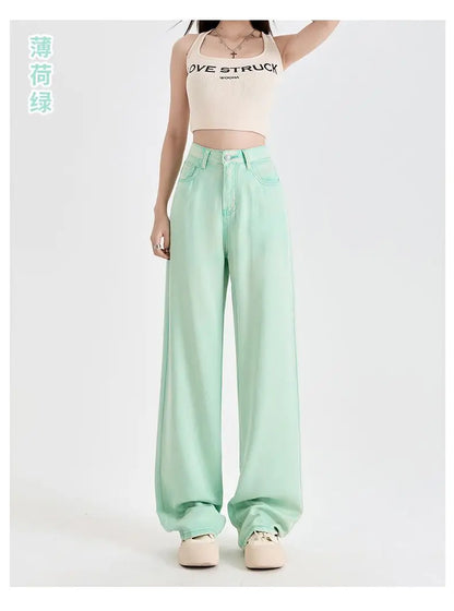 Woman Jeans 100% Lyocell Breathable Denim Wide Leg Towel Sweep drape loose 2025 Summer ice silk Baggy Famale Denim Pants 5 Color