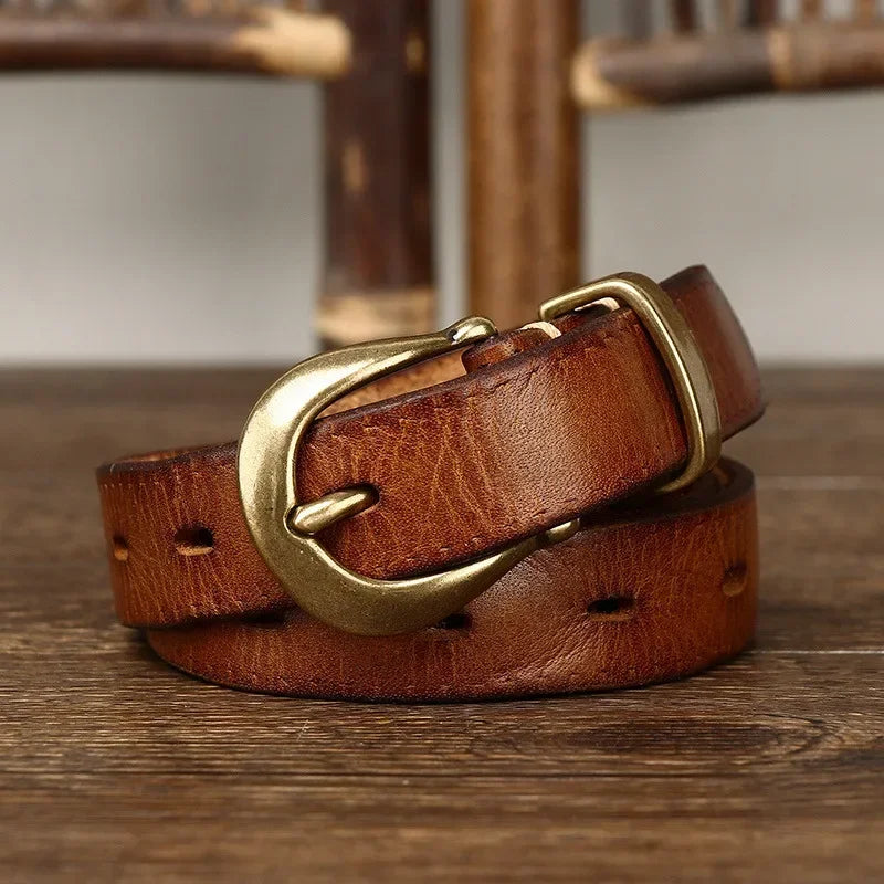 2.3CM Pure Cowhide High Quality Genuine Leather Belts for Women Copper Buckle Fancy Vintage Ladies Thin Belt Jeans Cowboy Cintos