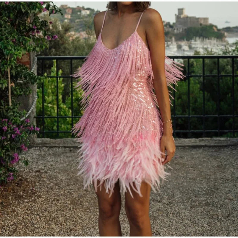 2025 New Sexy Tassel Sequins Feather Mini Dress Women Spaghetti Strap Stitching Dresses Female Elegant Evening Party Club Dress