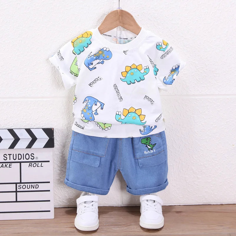 Summer Toddler Clothes Suit Full Print Dinosaur Pattern Short Sleeved Tshirt&shorts Set For Outdwear Tracksuit Boys Clothes Suit