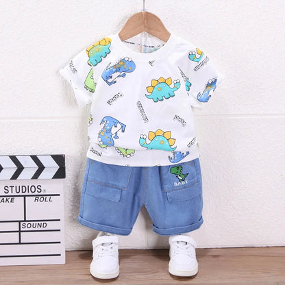 Summer Toddler Clothes Suit Full Print Dinosaur Pattern Short Sleeved Tshirt&shorts Set For Outdwear Tracksuit Boys Clothes Suit