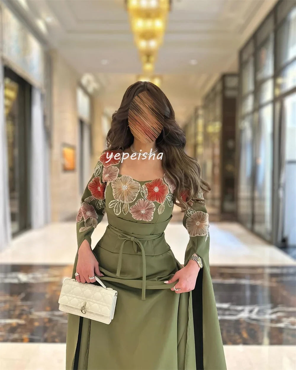 Customized Intricate Matching Jersey Flower Beading Sash A-line Square Neck Long Dresses Bespoke Occasion Dresses Exquisite Sexy