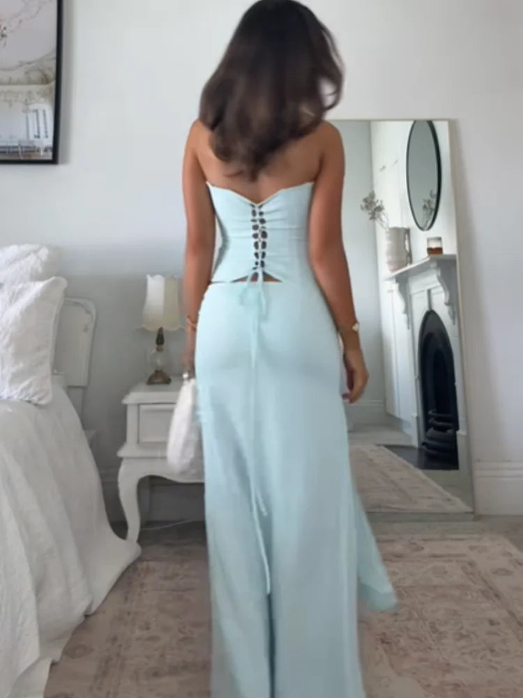 Solid Thin Skirts Set for Women Lace Up Strapless Tight Top Low Waist Straight Skirt 2026 NEW Summer Vacation Party Lady Outfit