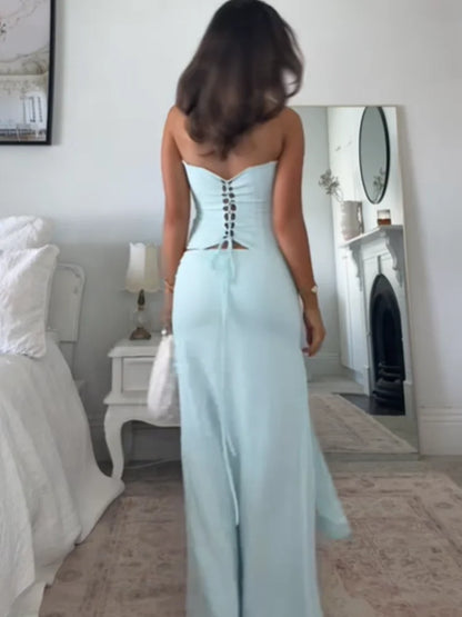 Solid Thin Skirts Set for Women Lace Up Strapless Tight Top Low Waist Straight Skirt 2026 NEW Summer Vacation Party Lady Outfit