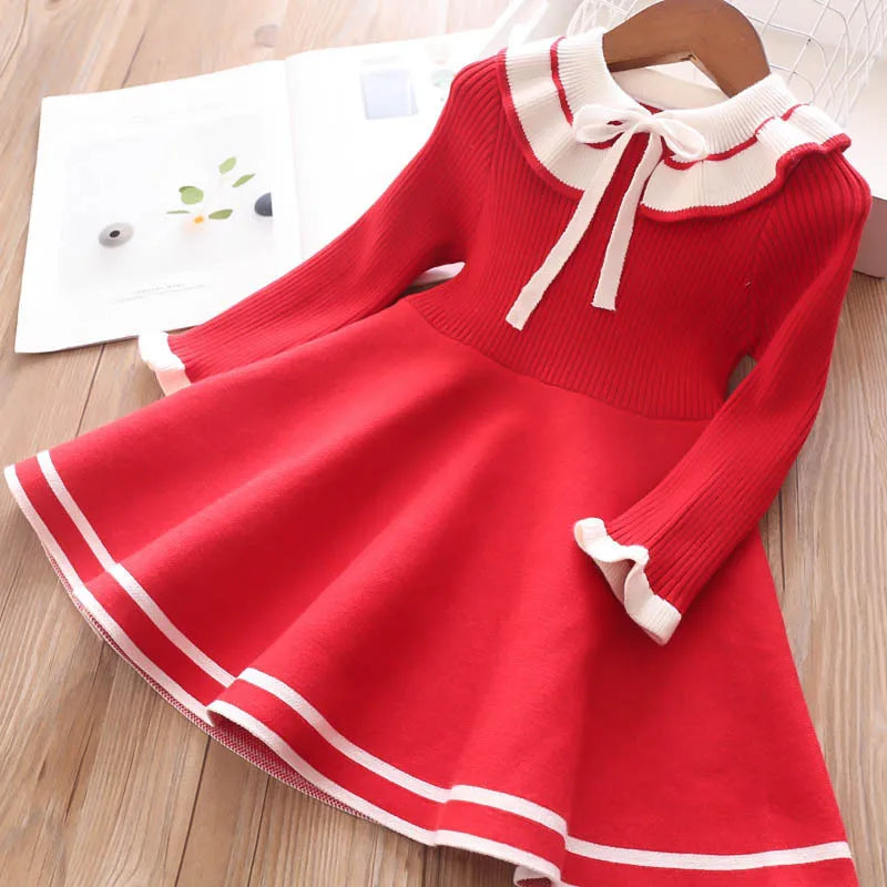 New Girl Baby Sweater Knitted Dress Children Warm Sweater Dress for Girls Infant Casual Pure Color Pleated Princess Dress