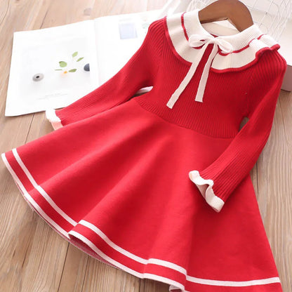 New Girl Baby Sweater Knitted Dress Children Warm Sweater Dress for Girls Infant Casual Pure Color Pleated Princess Dress